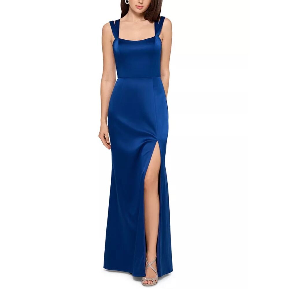 XSCAPE Satin Double Strap Long Column Evening Gown Navy Blue Size 6 Formal Dress